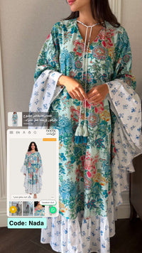 Printed Ruffle Trimmed Kaftan with Tie Neck & Tassels - Noētic