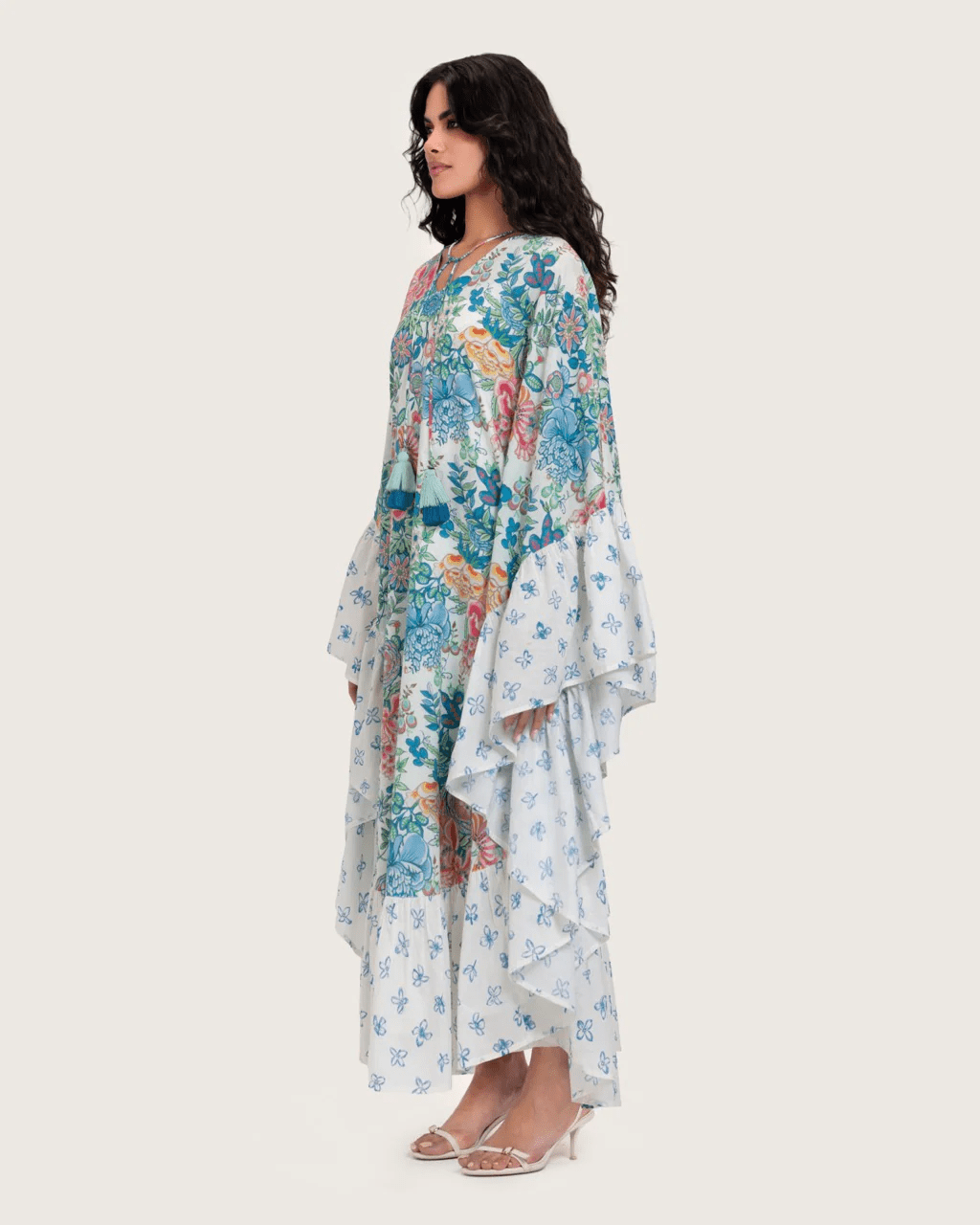 Printed Ruffle Trimmed Kaftan with Tie Neck & Tassels - Noētic