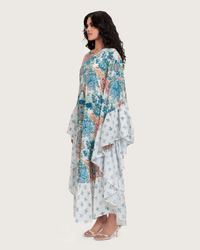 Printed Ruffle Trimmed Kaftan with Tie Neck & Tassels - Noētic
