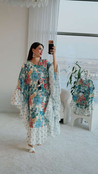 Printed Ruffle Trimmed Kaftan with Tie Neck & Tassels - Noētic