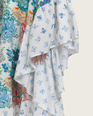 Printed Ruffle Trimmed Kaftan with Tie Neck & Tassels - Noētic