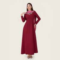 Embellished Evening Crepe Maxi Dress with Attached Satin Scarf