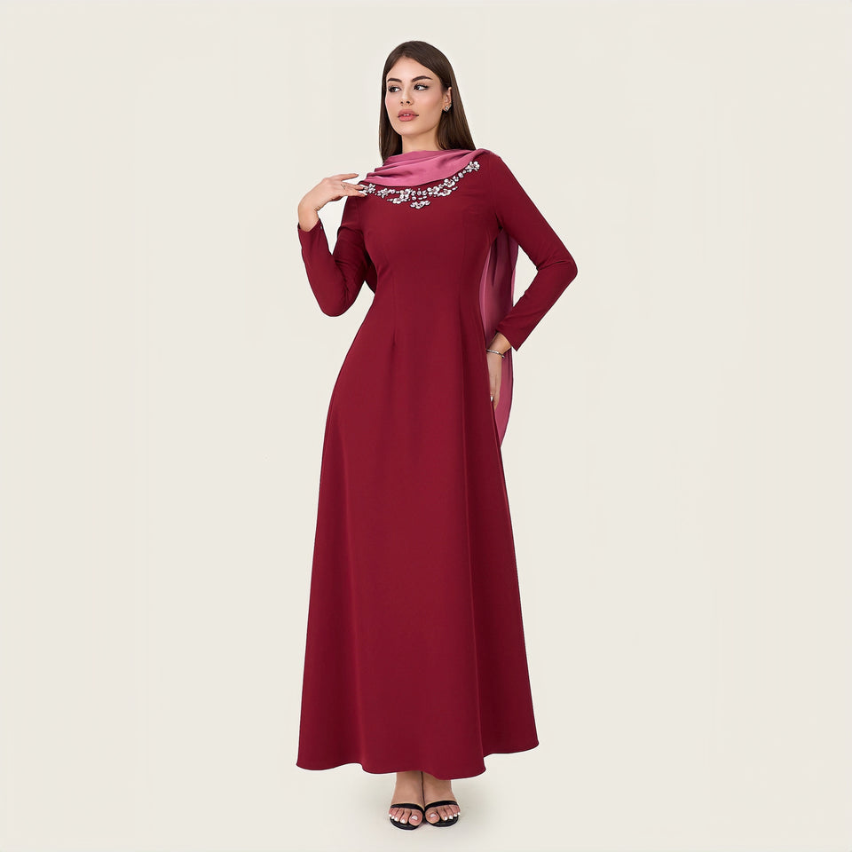 Embellished Evening Crepe Maxi Dress with Attached Satin Scarf