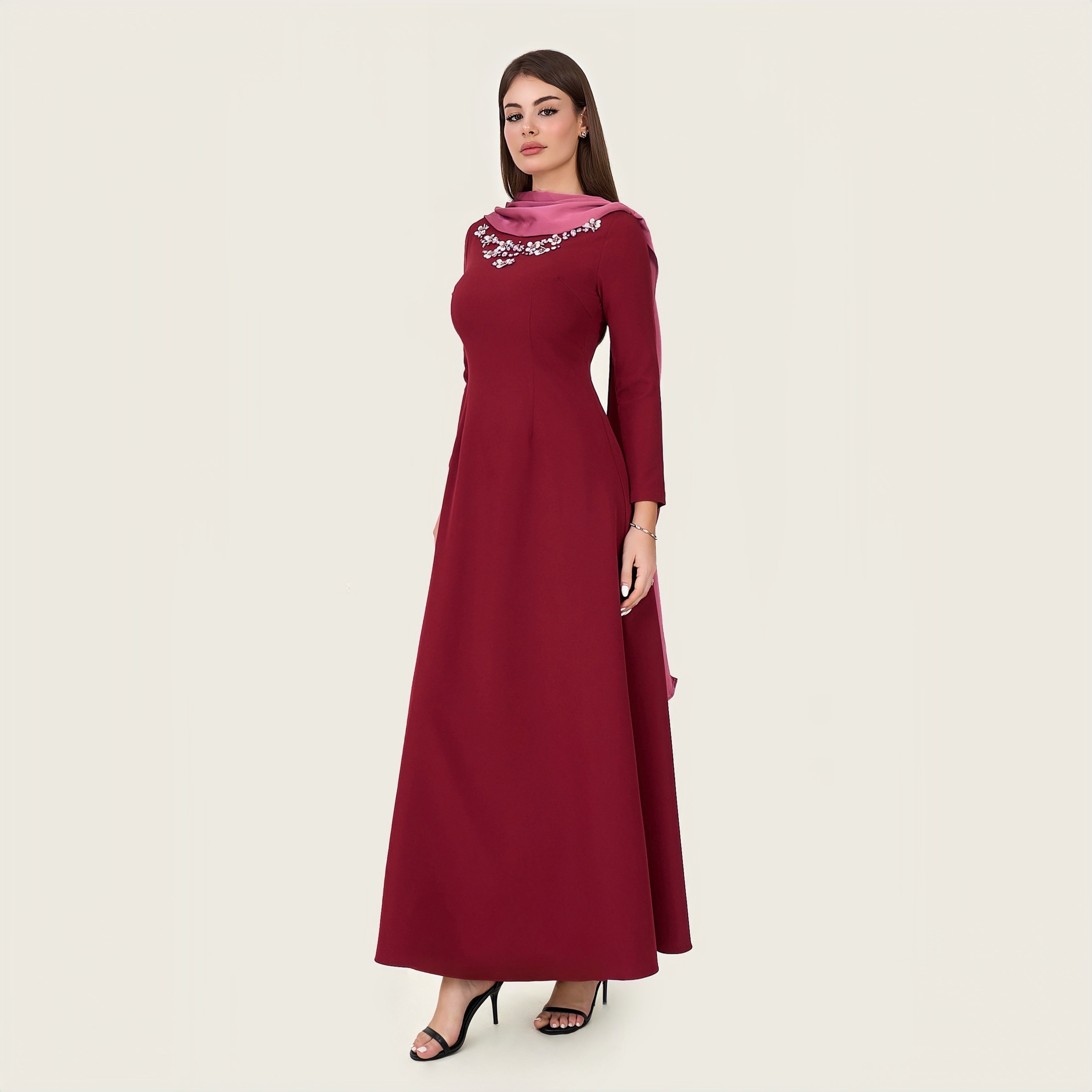 Embellished Evening Crepe Maxi Dress with Attached Satin Scarf