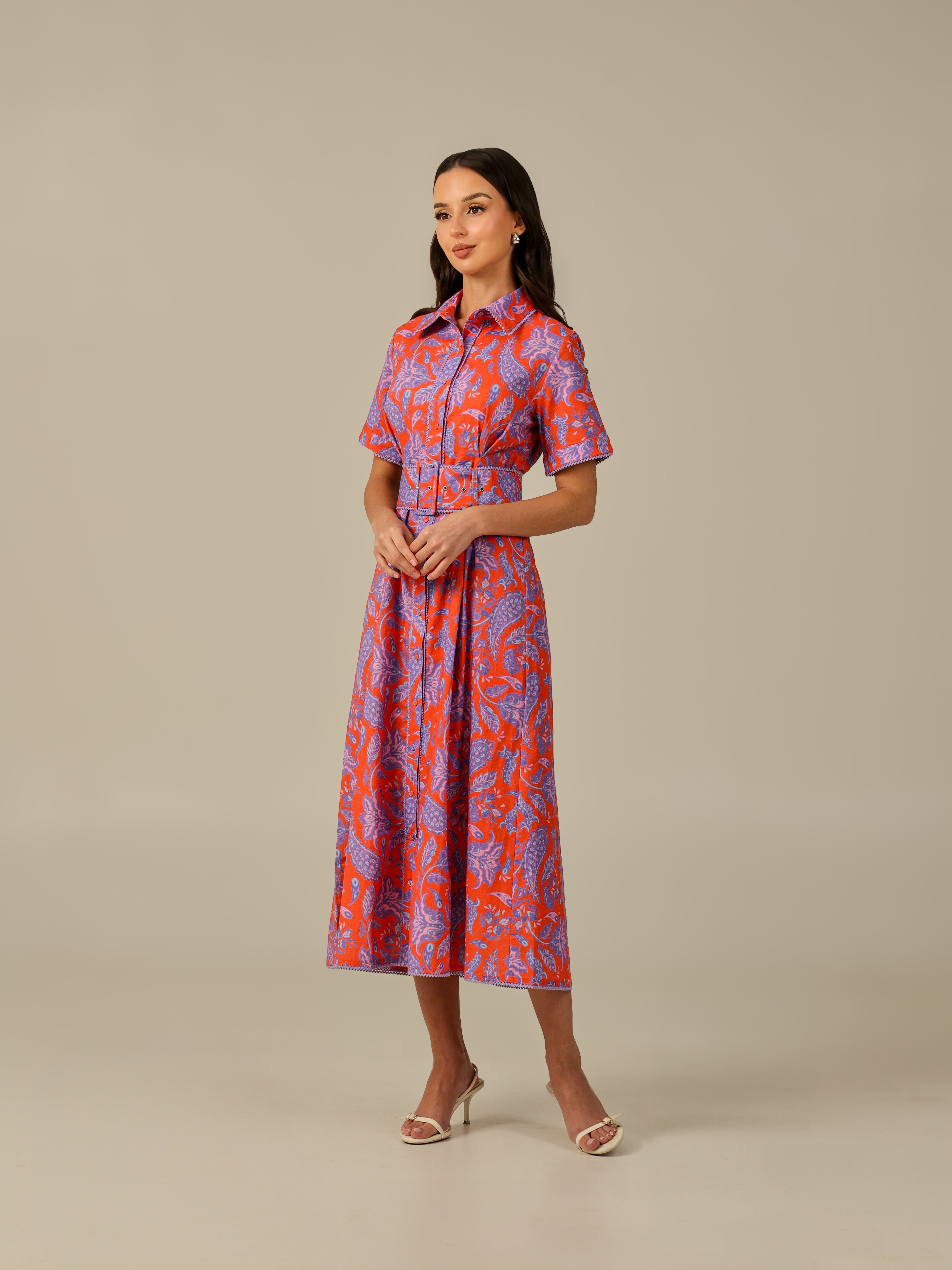 Red and Purple with Vibrant Colors Printed Linen Dress - Noētic