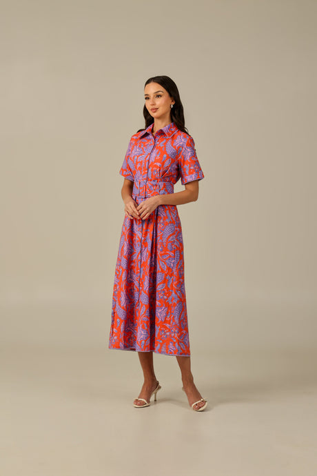 Red and Purple with Vibrant Colors Printed Linen Dress - Noētic
