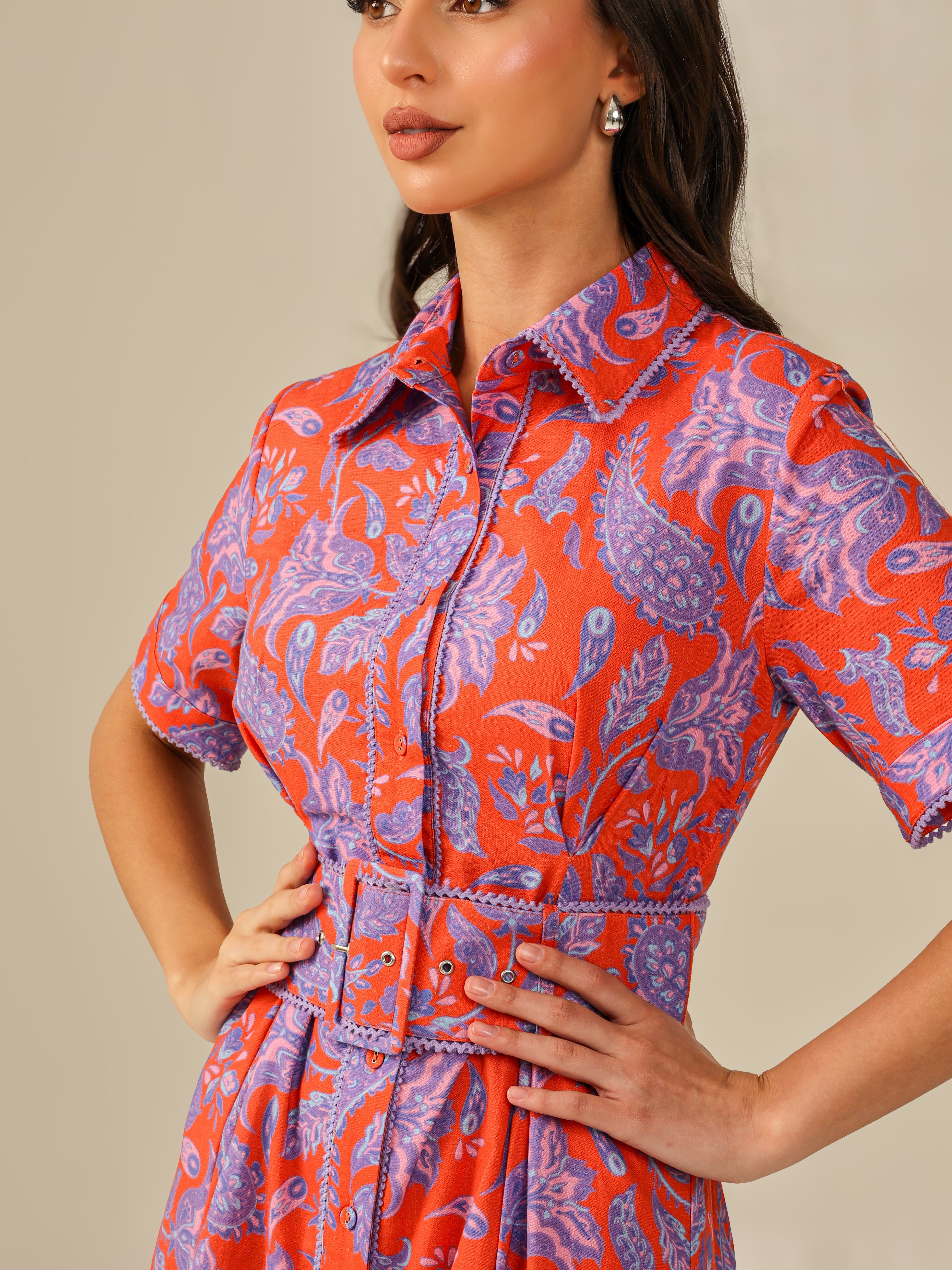 Red and Purple with Vibrant Colors Printed Linen Dress - Noētic
