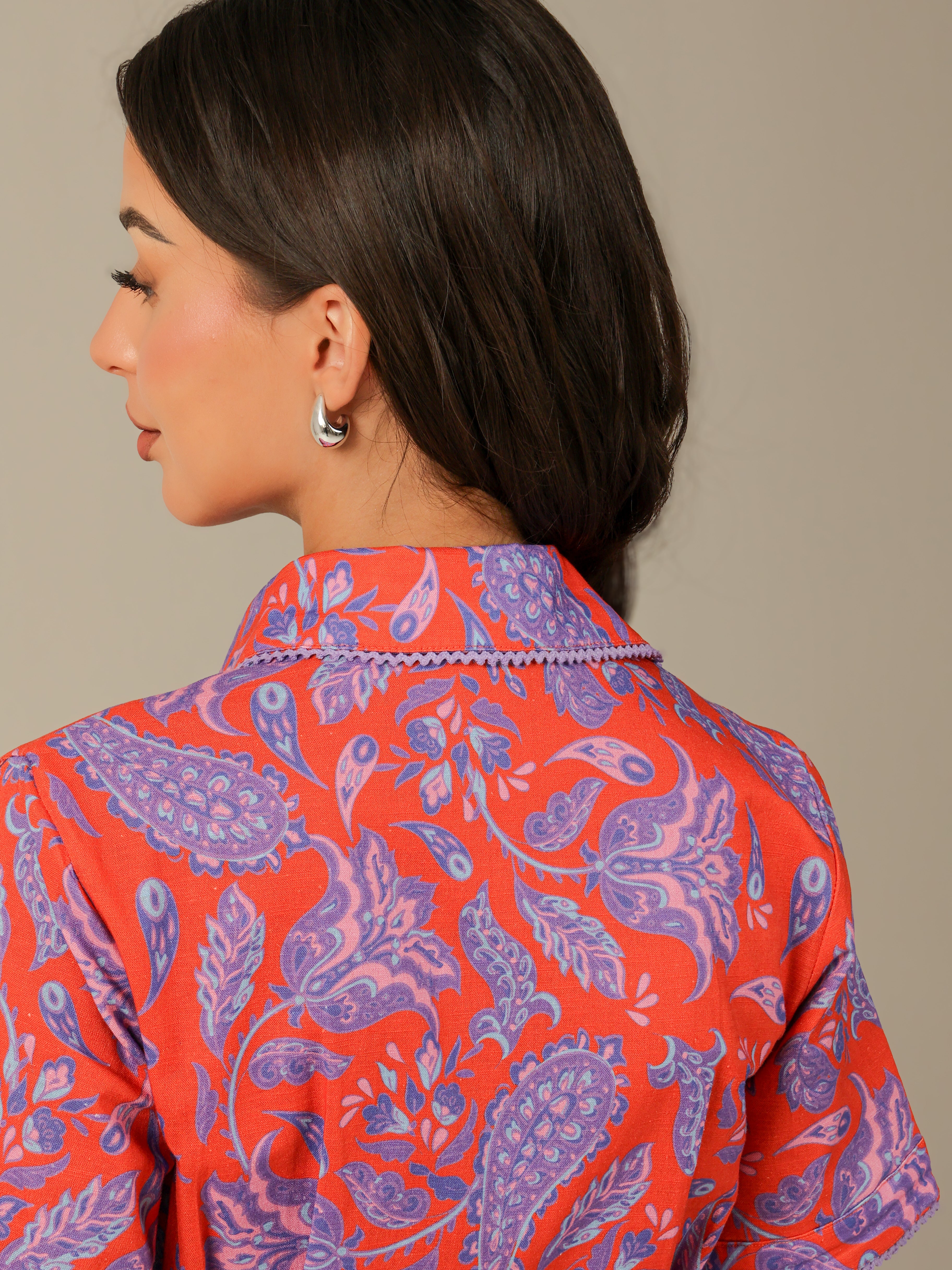 Red and Purple with Vibrant Colors Printed Linen Dress - Noētic