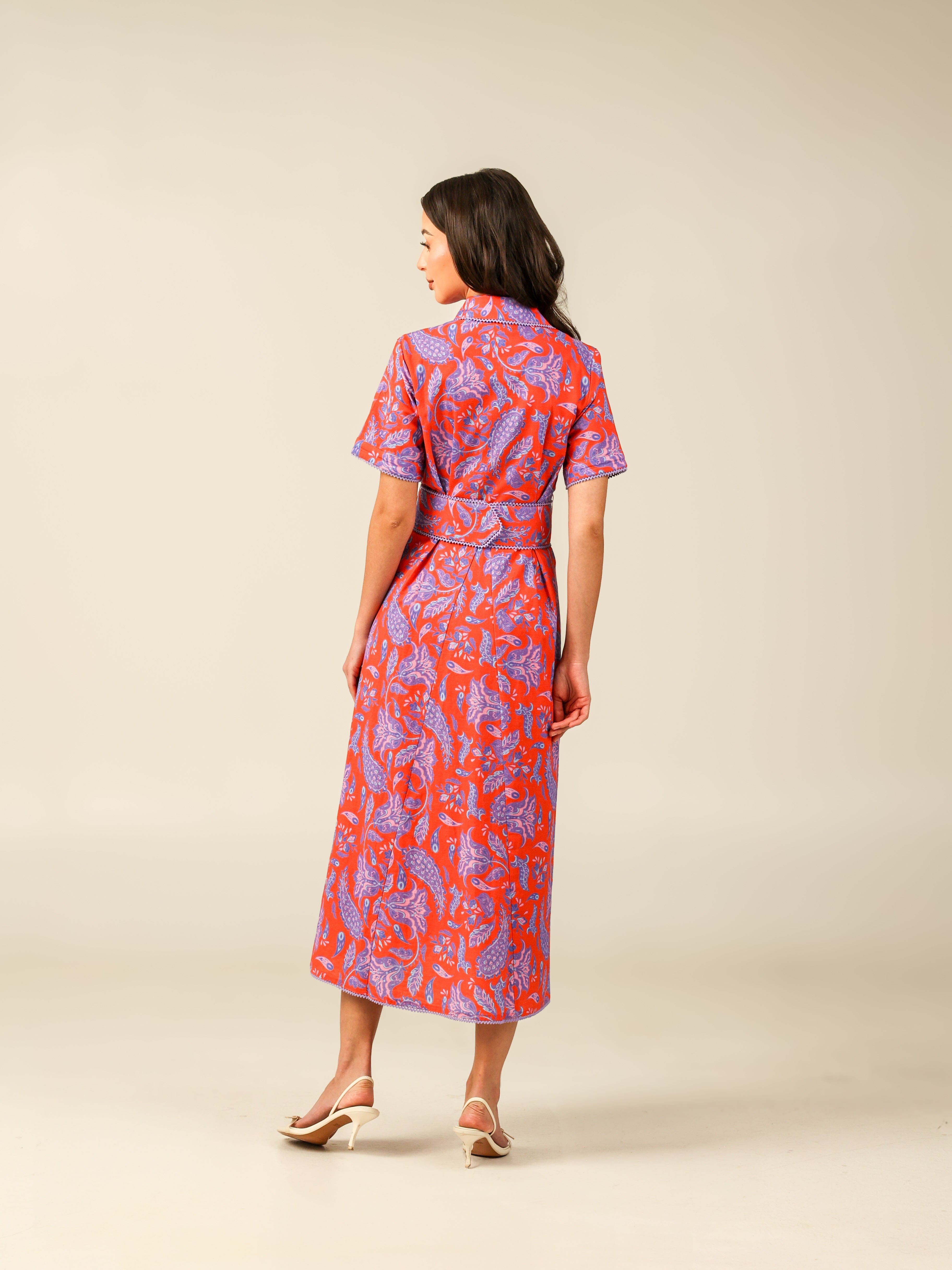 Red and Purple with Vibrant Colors Printed Linen Dress