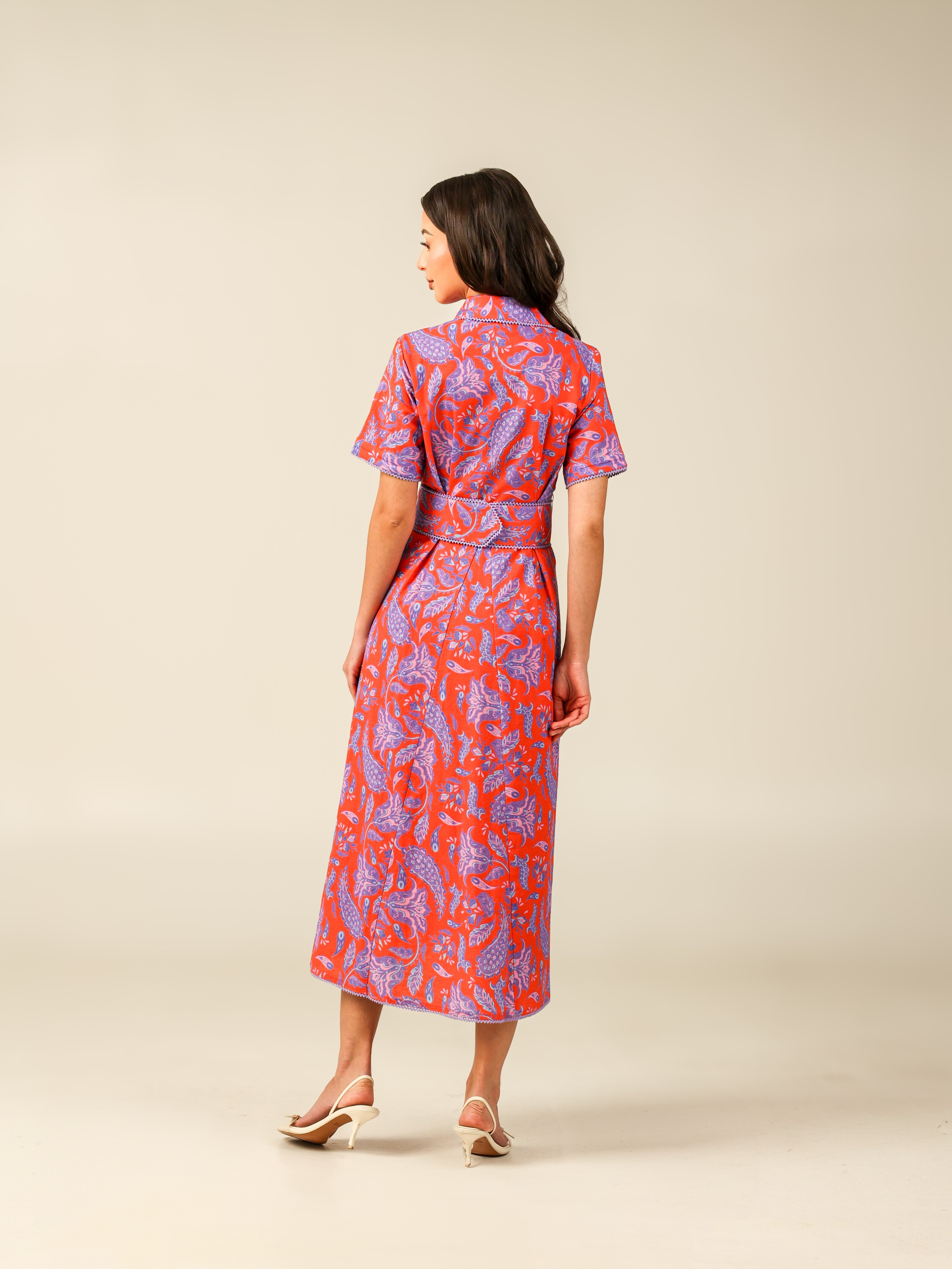 Red and Purple with Vibrant Colors Printed Linen Dress - Noētic