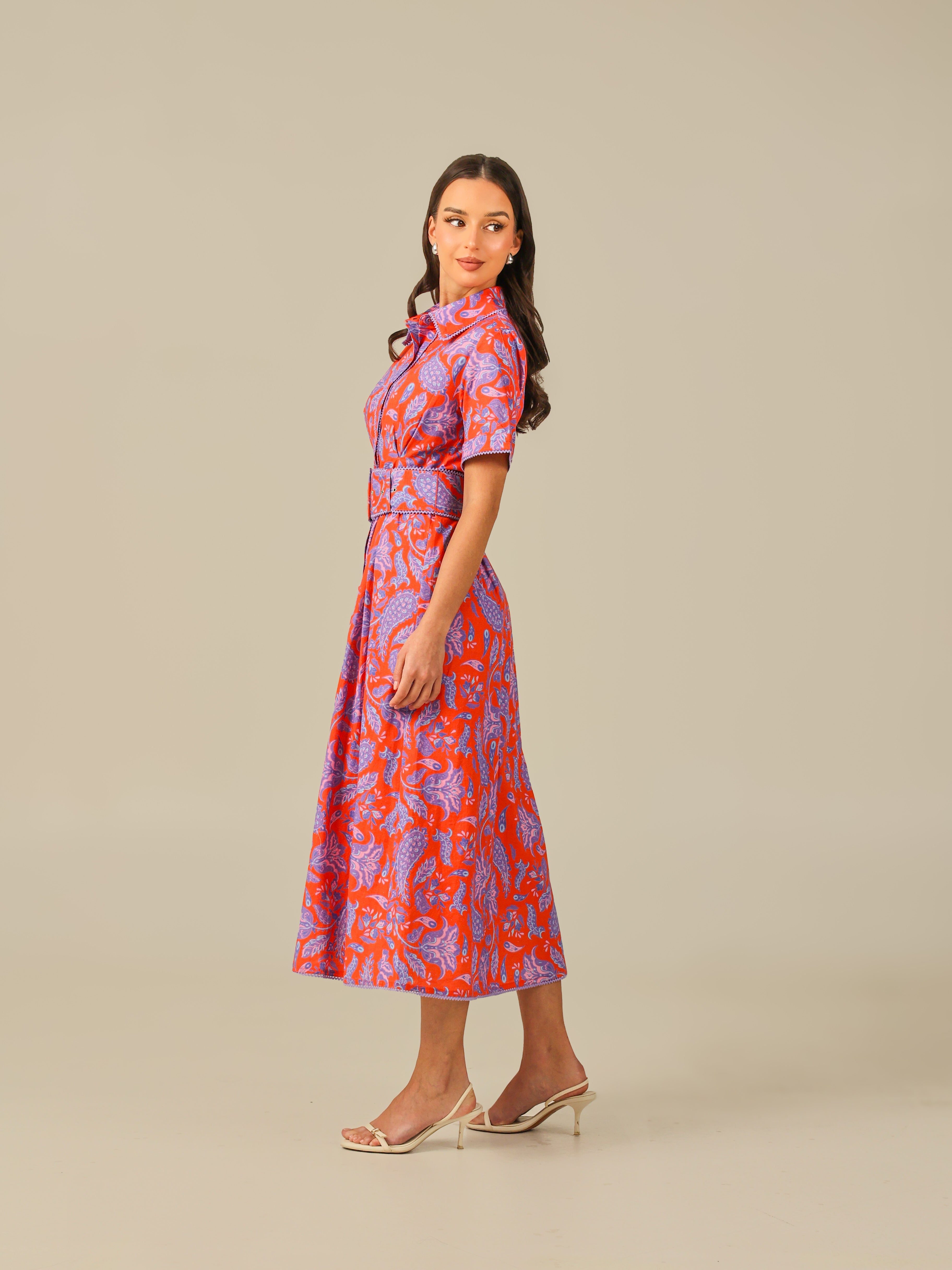 Red and Purple with Vibrant Colors Printed Linen Dress - Noētic