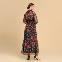 Red floral print chiffon wrap dress - Noētic