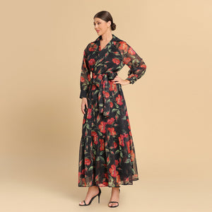 Red floral print chiffon wrap dress - Noētic
