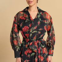 Red floral print chiffon wrap dress - Noētic
