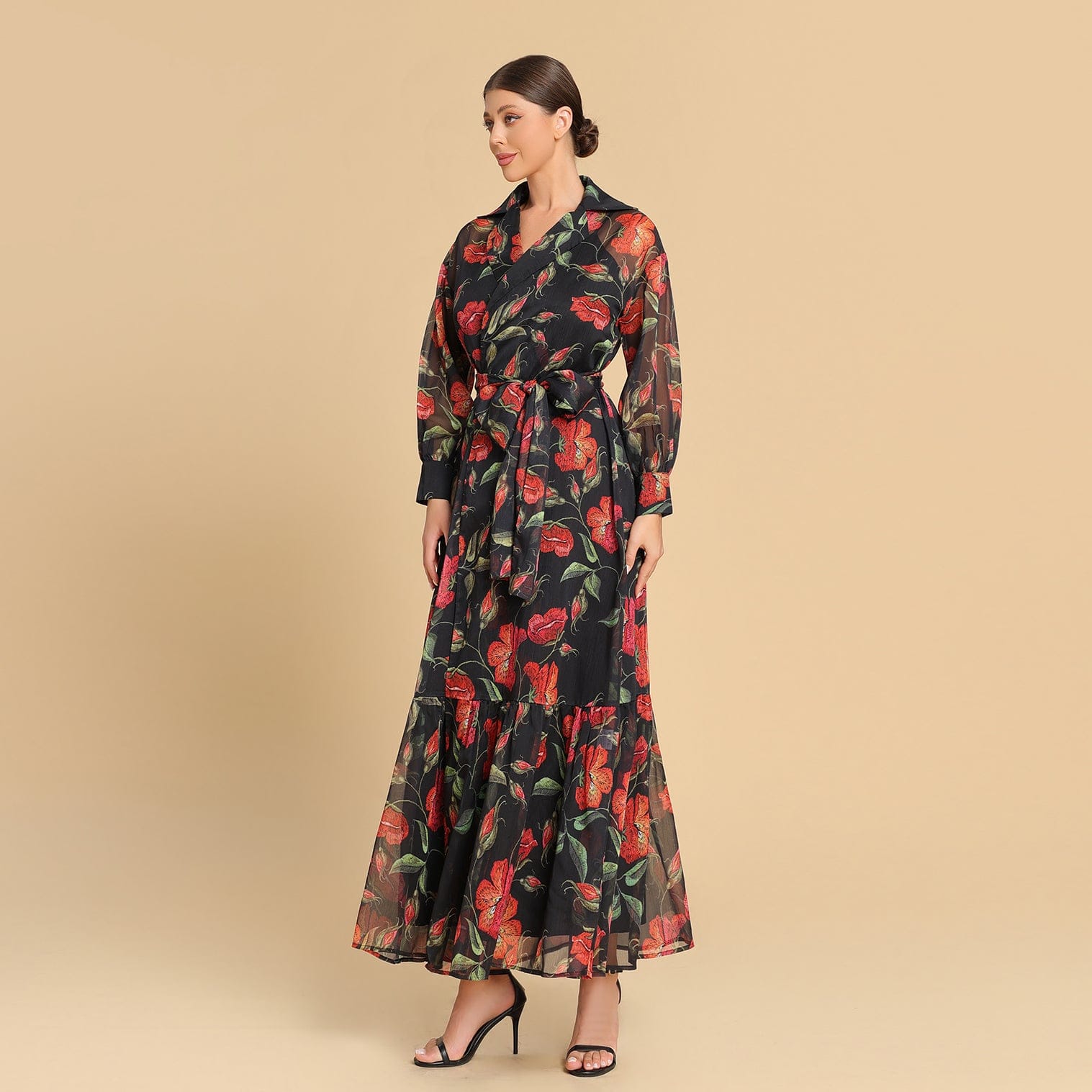 Red floral print chiffon wrap dress XS