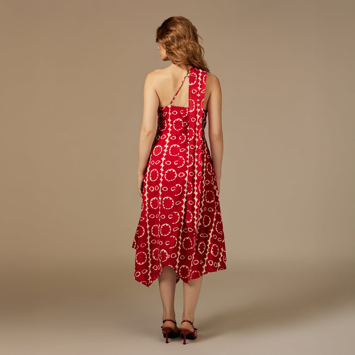 Red Printed Asymmetrical Linen Dress - Noētic