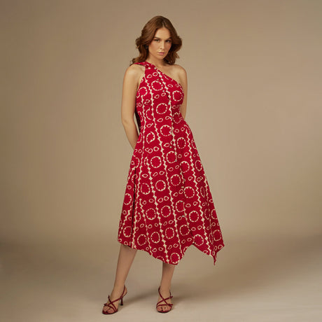 Red Printed Asymmetrical Linen Dress - Noētic