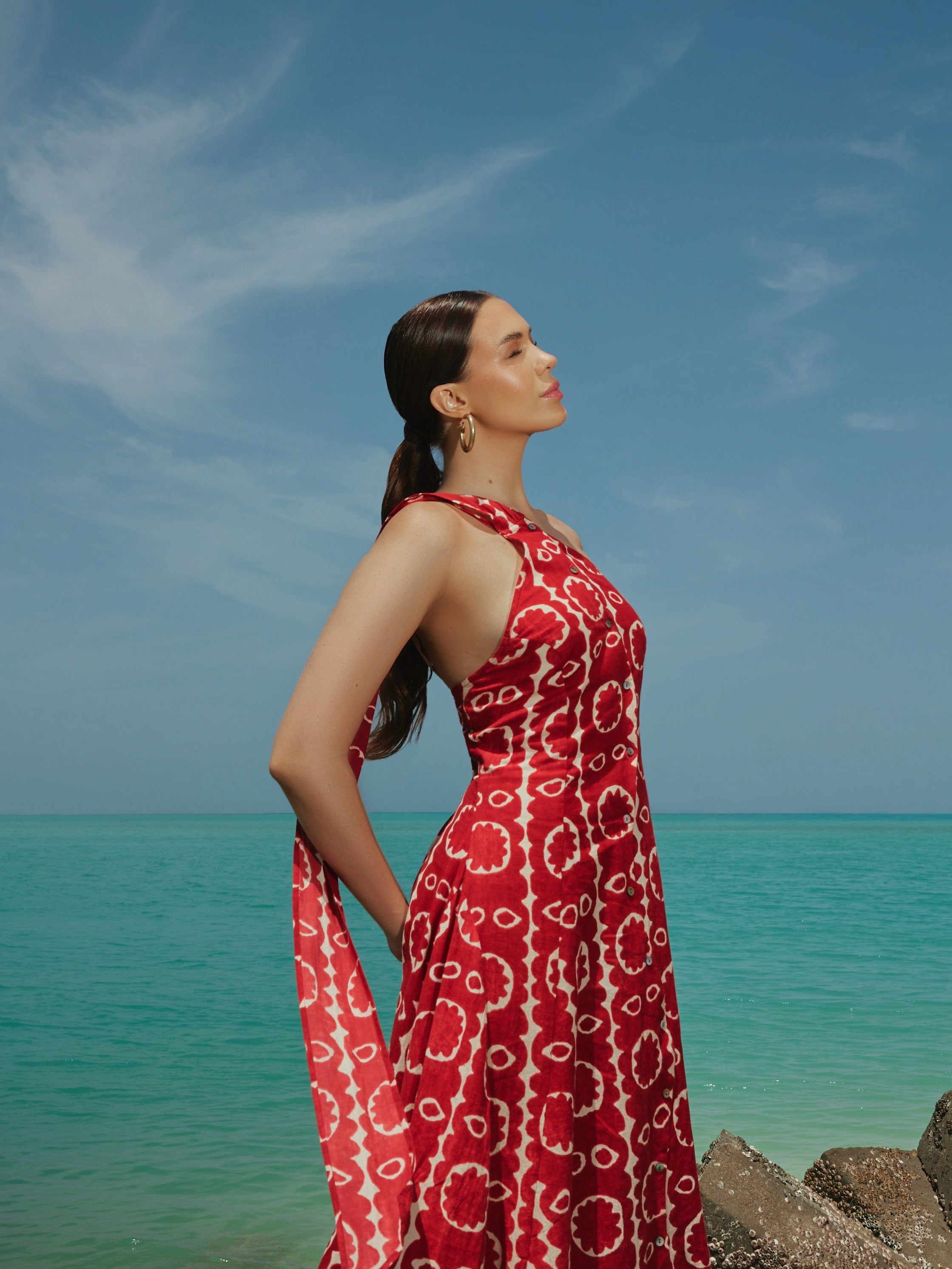 Red Printed Asymmetrical Linen Dress S