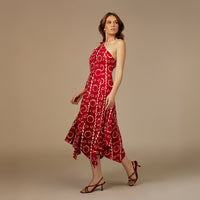 Red Printed Asymmetrical Linen Dress - Noētic