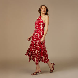Red Printed Asymmetrical Linen Dress - Noētic