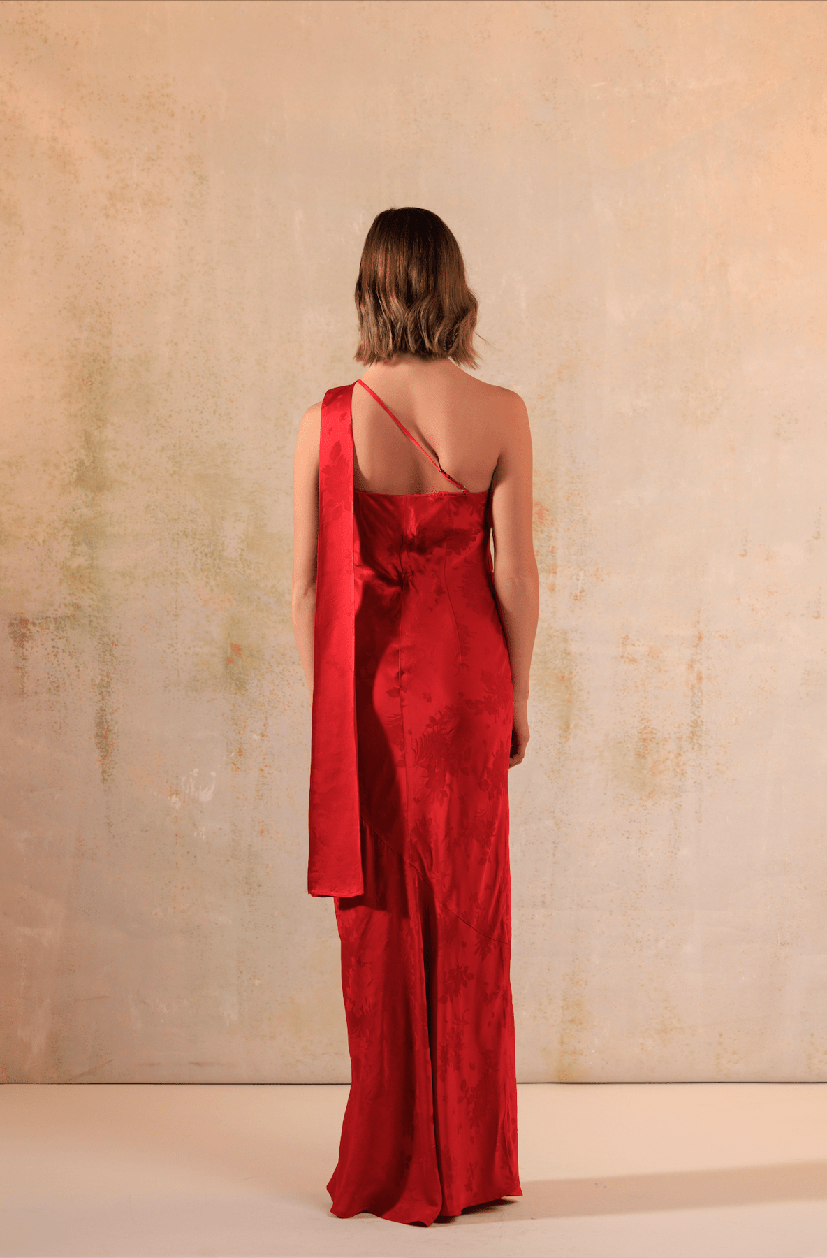 Red Satin Jacquard One-Shoulder Maxi Bias Cut Dress - Noētic