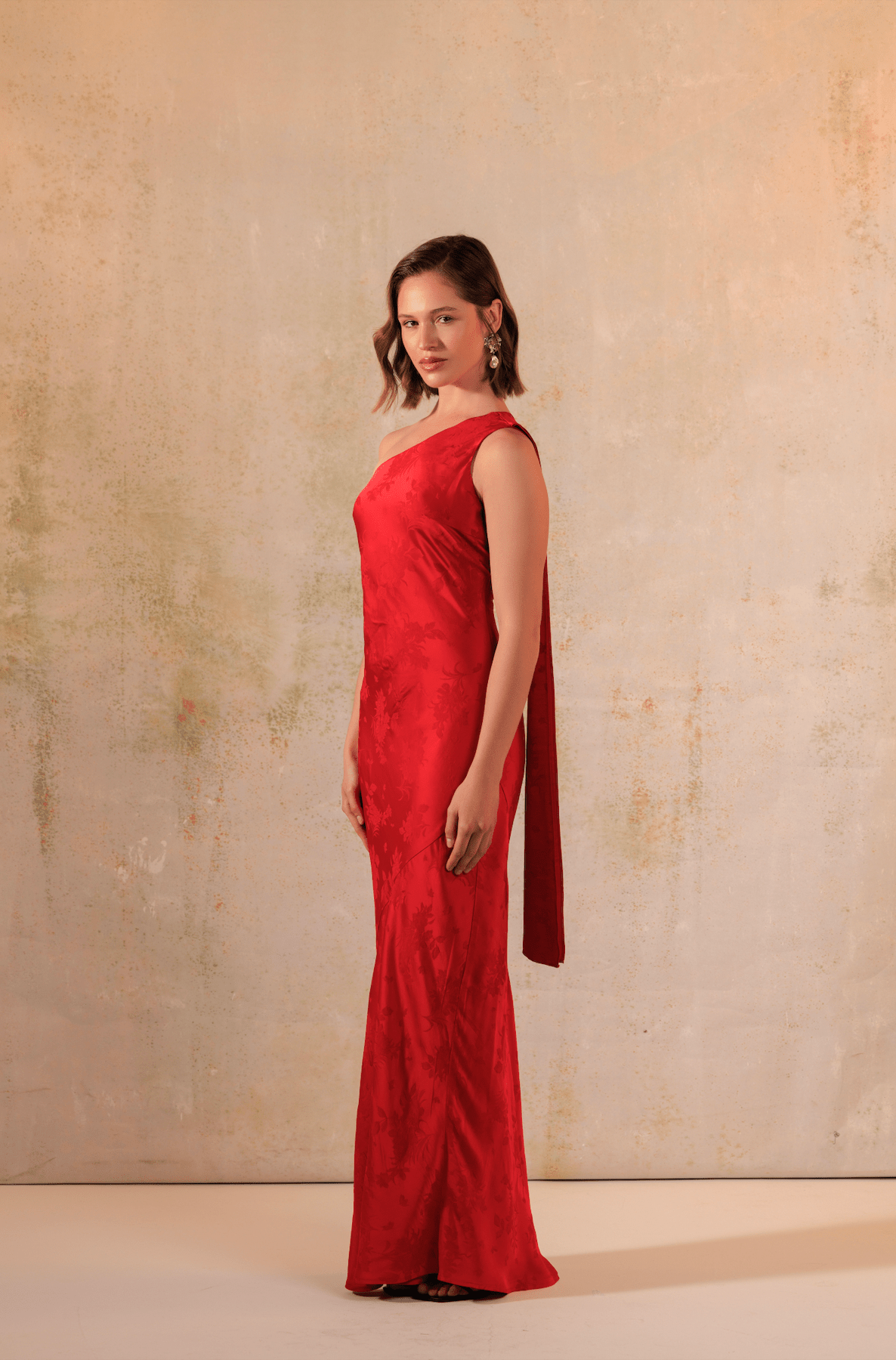 Red Satin Jacquard One-Shoulder Maxi Bias Cut Dress - Noētic