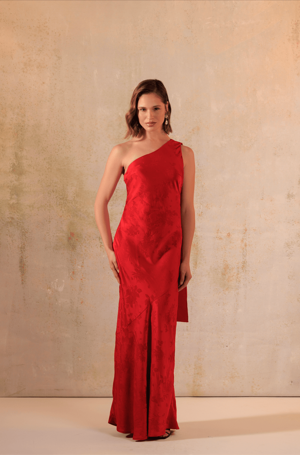 Red Satin Jacquard One-Shoulder Maxi Bias Cut Dress S