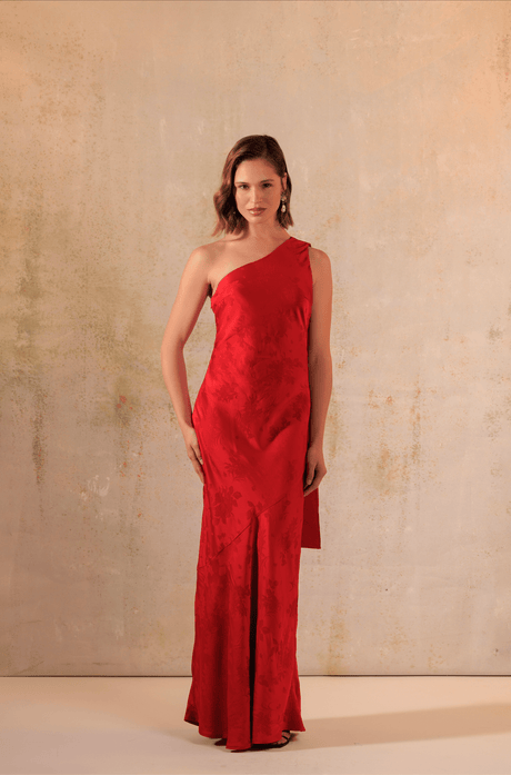 Red Satin Jacquard One-Shoulder Maxi Bias Cut Dress - Noētic