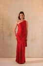 Red Satin Jacquard One-Shoulder Maxi Bias Cut Dress - Noētic