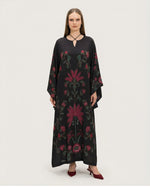 Satin Black Botanical Printed Kaftan - Noētic