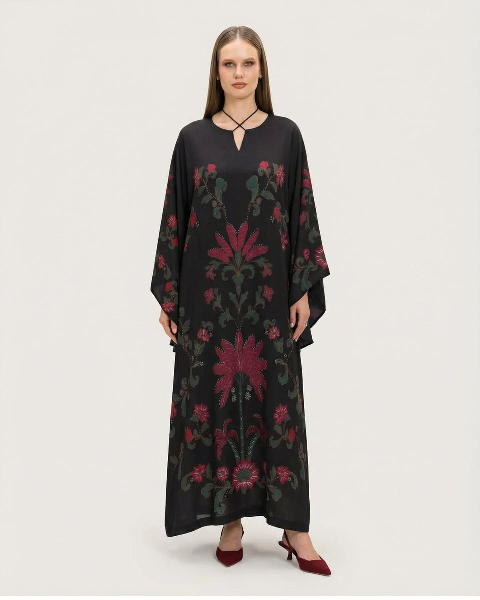 Satin Black Botanical Printed Kaftan - Noētic