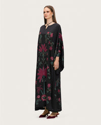 Satin Black Botanical Printed Kaftan - Noētic