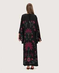 Satin Black Botanical Printed Kaftan - Noētic