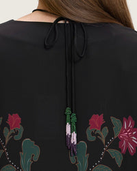 Satin Black Botanical Printed Kaftan - Noētic