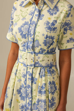 Short Sleeve Linen Shirt Dress with Floral Pattern in Soft Shades - Noētic