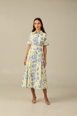 Short Sleeve Linen Shirt Dress with Floral Pattern in Soft Shades