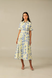 Short Sleeve Linen Shirt Dress with Floral Pattern in Soft Shades - Noētic