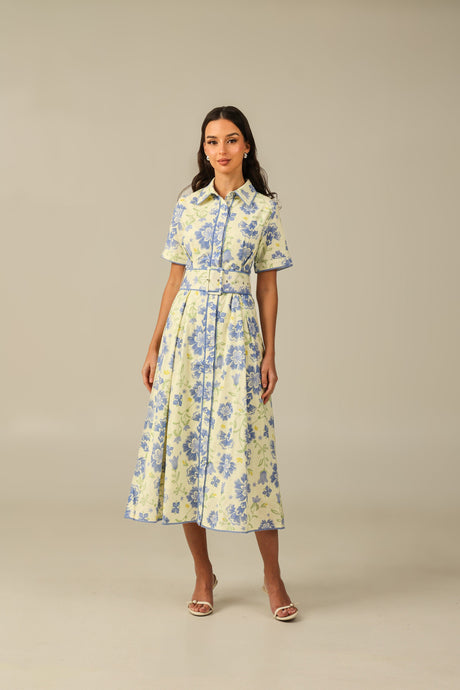 Short Sleeve Linen Shirt Dress with Floral Pattern in Soft Shades - Noētic