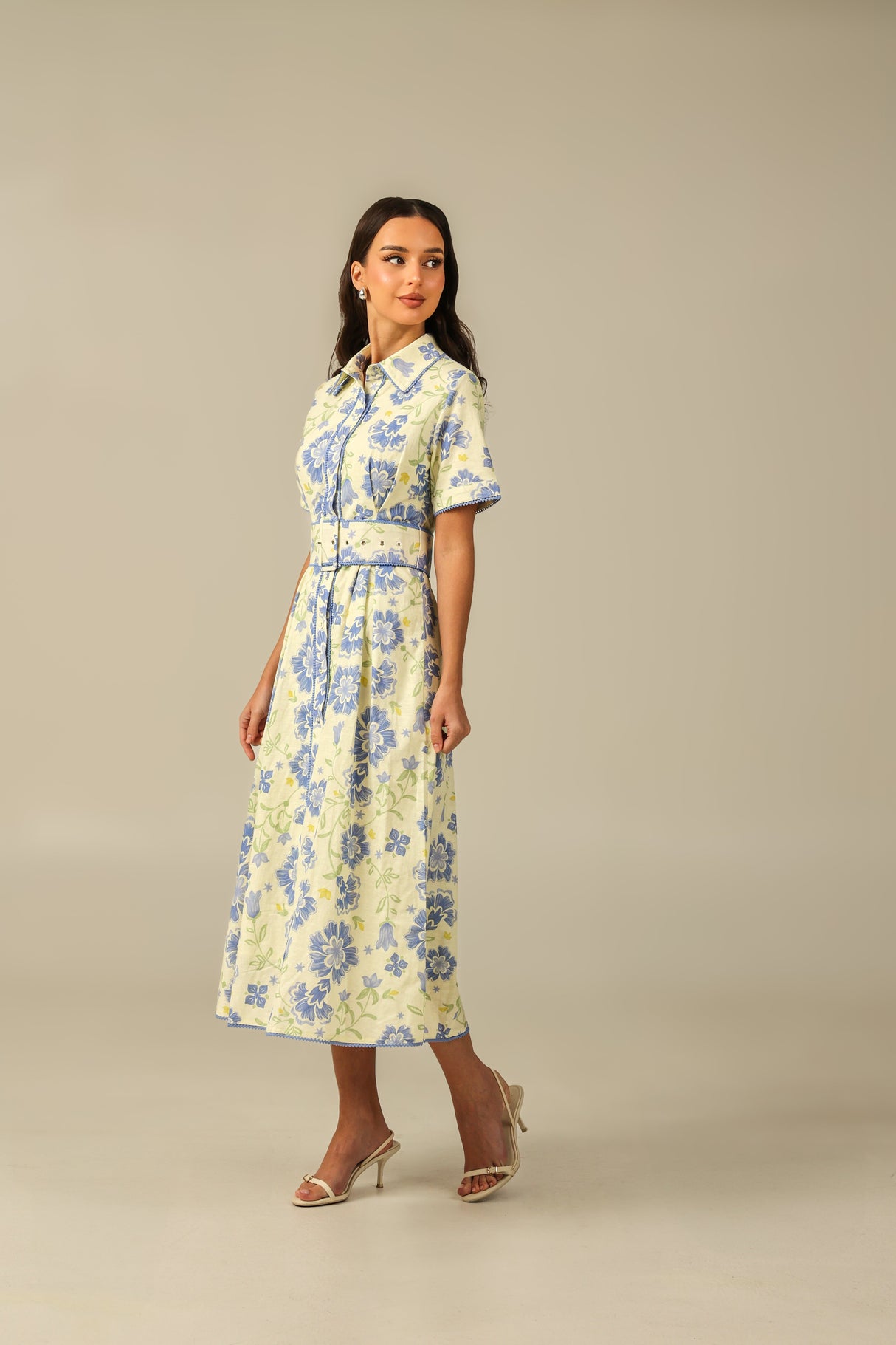 Short Sleeve Linen Shirt Dress with Floral Pattern in Soft Shades - Noētic