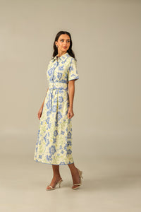Short Sleeve Linen Shirt Dress with Floral Pattern in Soft Shades - Noētic