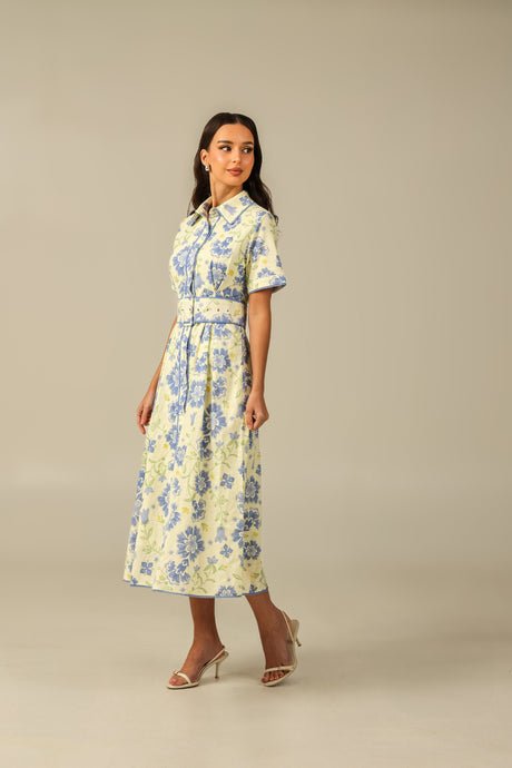 Short Sleeve Linen Shirt Dress with Floral Pattern in Soft Shades - Noētic