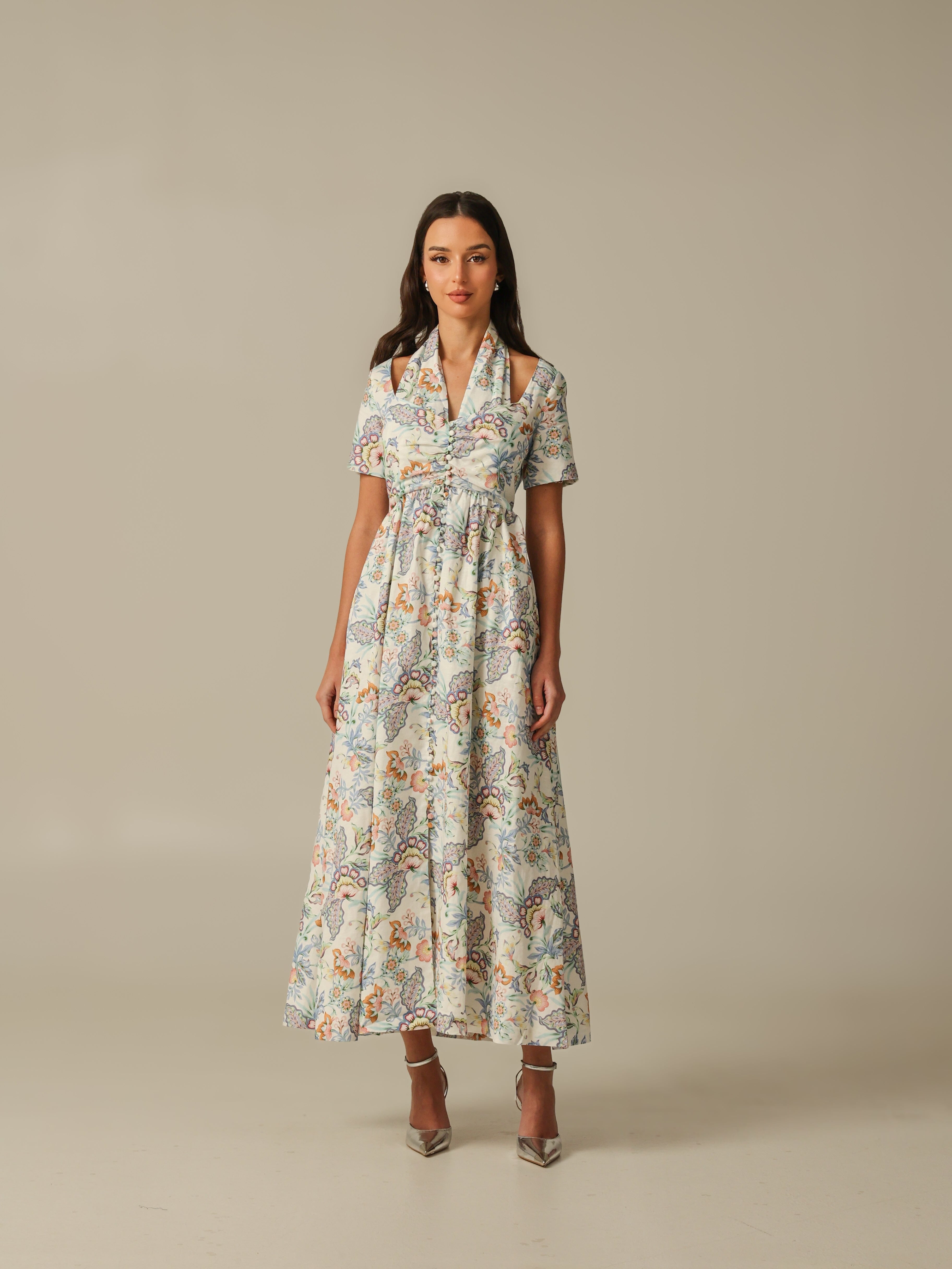 printed linen dress Everleigh Mini in palm linen a dropped waist Women's One To Remember Yellow