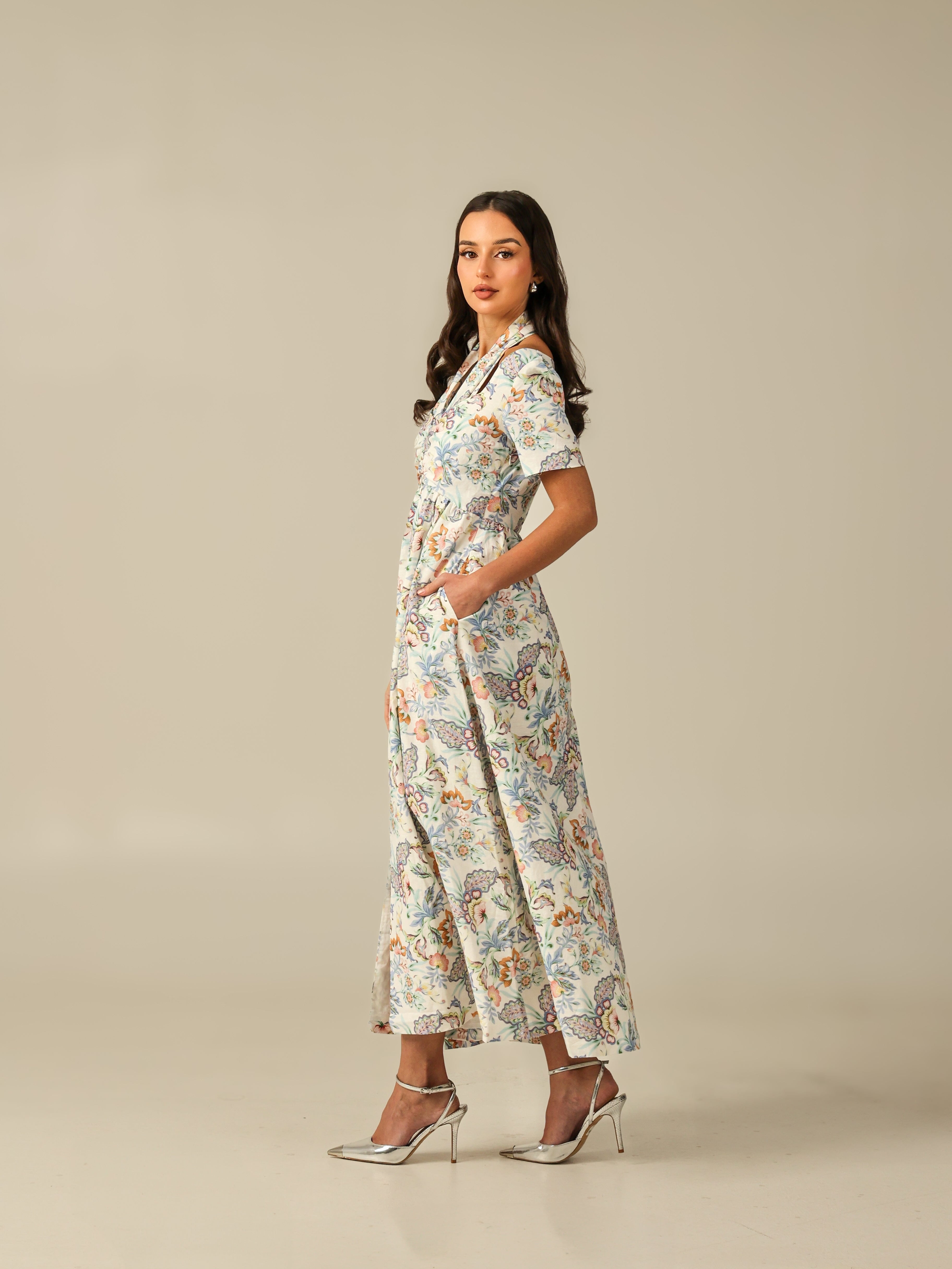 Soft Linen Vibrant Printed Dress – Modest & Light Summer Wear XS