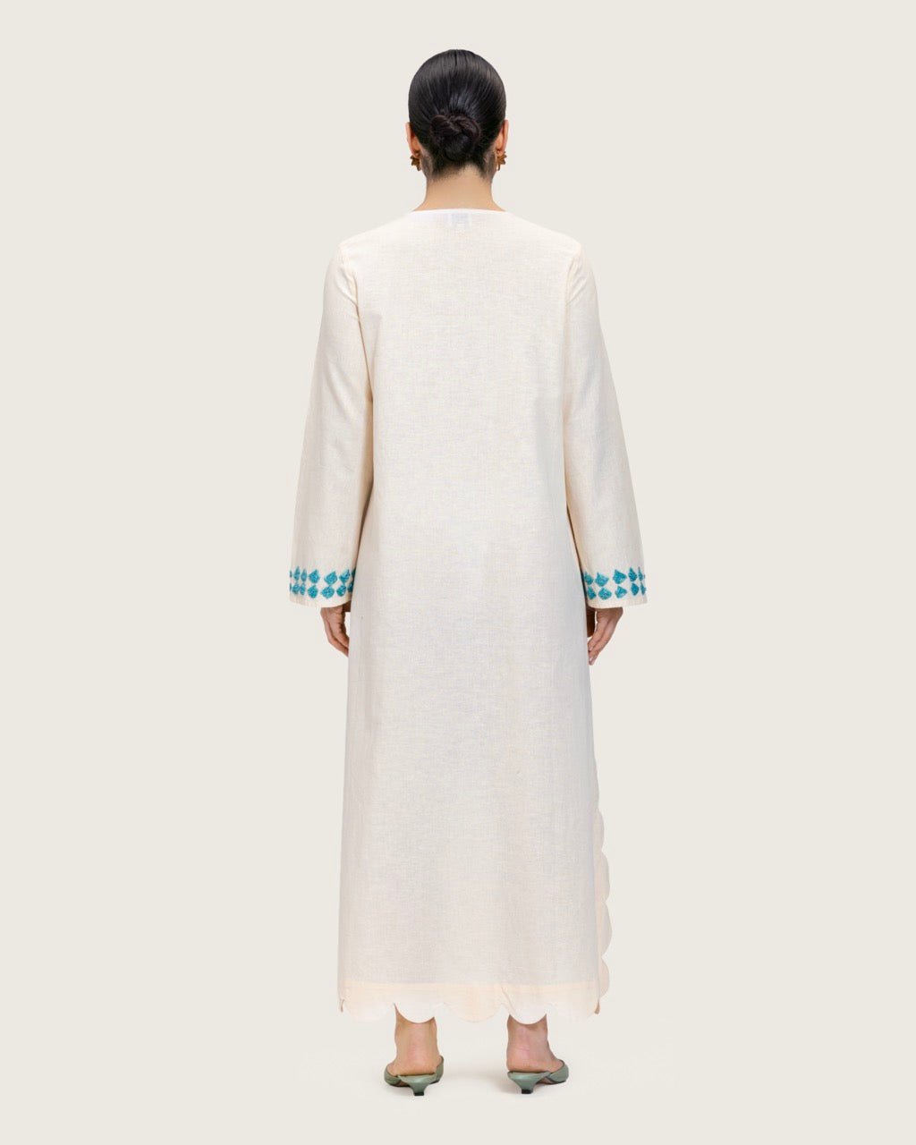 Soft Melon Linen Kaftan with Hand Embellishments and Scalloped Edges - Noētic