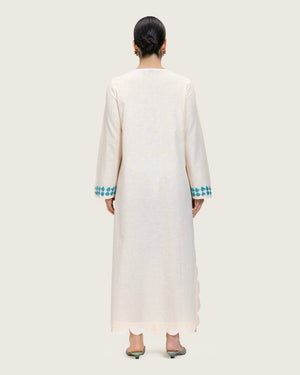 Soft Melon Linen Kaftan with Hand Embellishments and Scalloped Edges - Noētic