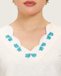 Soft Melon Linen Kaftan with Hand Embellishments and Scalloped Edges - Noētic