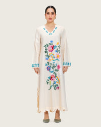Soft Melon Linen Kaftan with Hand Embellishments and Scalloped Edges - Noētic