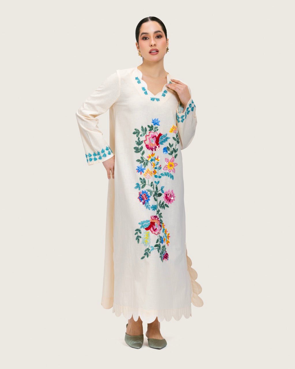 Soft Melon Linen Kaftan with Hand Embellishments and Scalloped Edges - Noētic