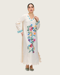 Soft Melon Linen Kaftan with Hand Embellishments and Scalloped Edges - Noētic