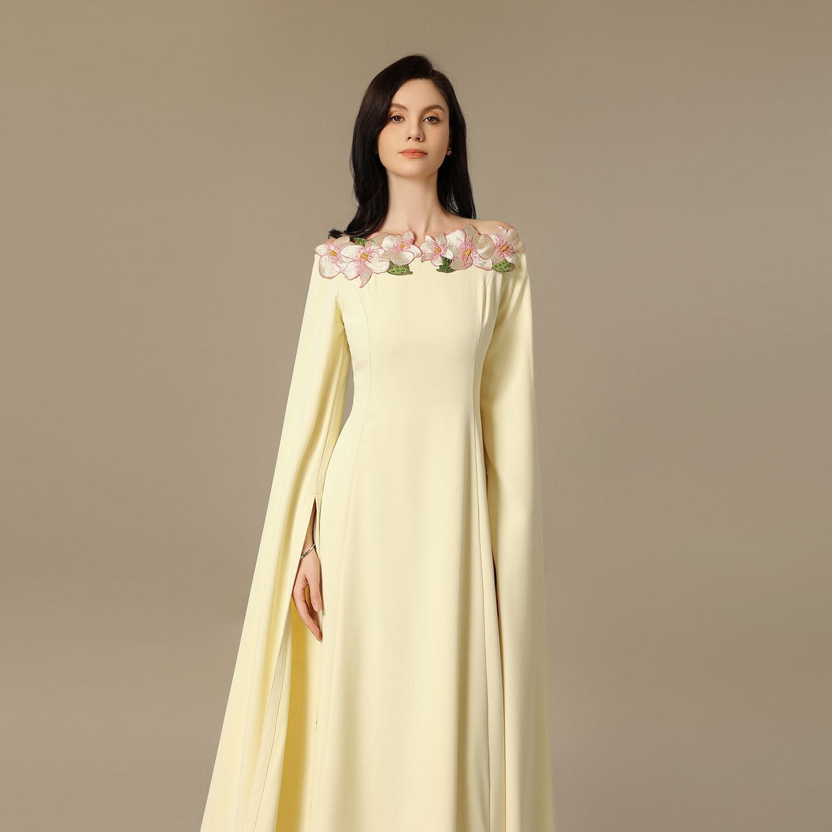 Soft Yellow Maxi Dress with Floral Embroidered Neckline - Noētic